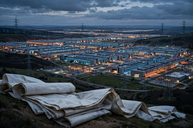 The AI Data Center Bill Is Bigger Than America’s Entire Paycheck A vast AI data center at dusk with rows of glowing server halls and power lines stretching into the distance.