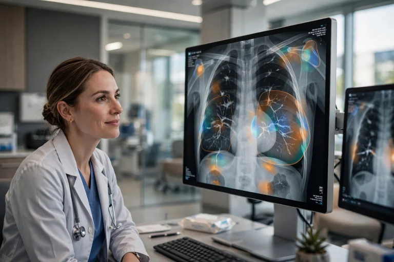 How New Technology Is Changing the Way Breast Cancer Is Detected A radiologist reviewing a mammogram on a high-resolution medical imaging screen assisted by AI software.